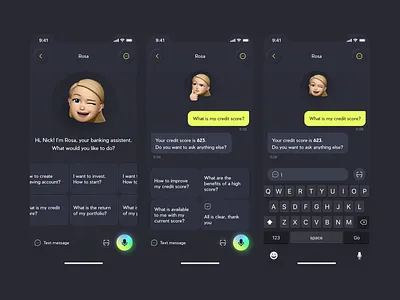 AI voice assistant for banking app ai app artificial intelligence bank banking app chat chatbot dark dark theme financial technologies fintech messenger mobile app ui ui design ux voice assistant