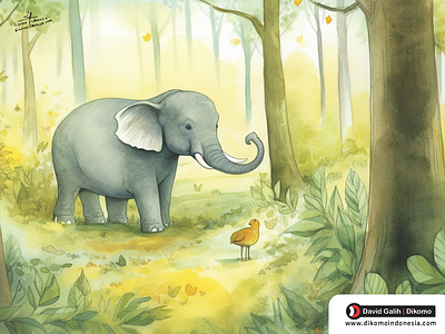 Elephant in the forest children's book illustration - Dikomo.id friendly