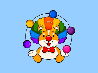 "Playful Clown" ball bowtie clown colourful colourfulball cutedog dogclown doge dogecoin doggetclown doglogo funnydog gangdog logo mascot mascotlogo playball playfuldog redbowtie shiba