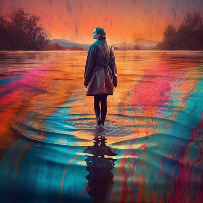 Surrealism, a girl walking in the lake. animation graphic design