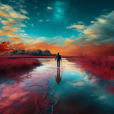 Surrealism, a guy walking in the lake. animation graphic design surrealism