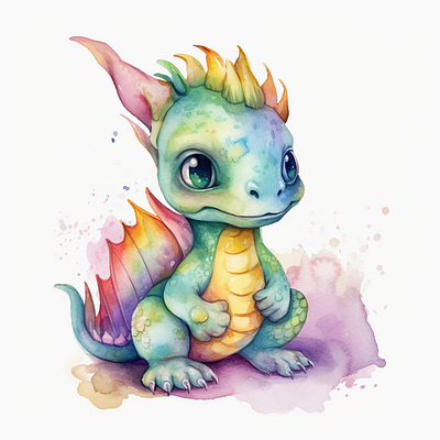 A baby dragon blowing bubbles watercolor cute watercolor