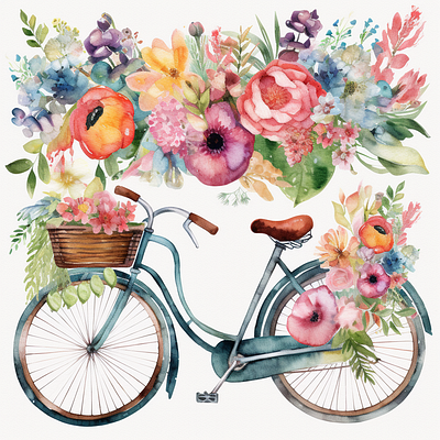 Cute city bicycle with floral clipart watercolor design creart