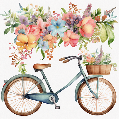 Cute city bicycle with floral clipart watercolor design creart