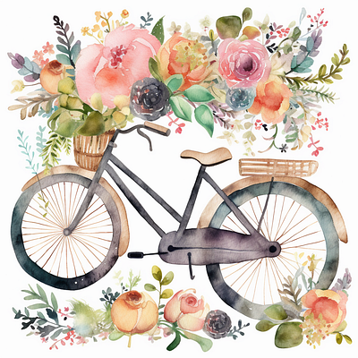 Cute city bicycle with floral clipart watercolor health life