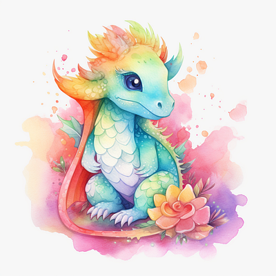 Colorful Dragon watercolor clipart mythology