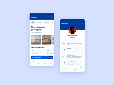 Booking.com app redesign blue booking.com branding flat design home screen profile setting travel ui ux