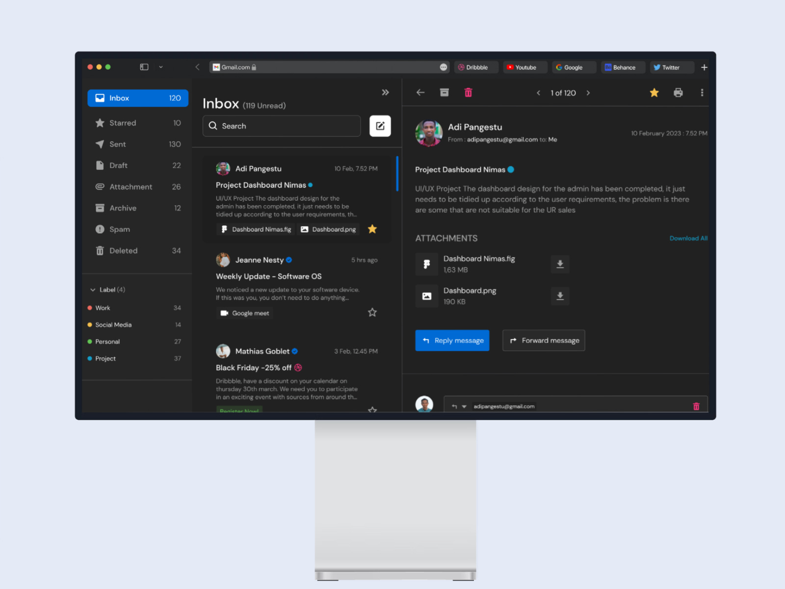 Gmail - Inbox, starred, deleted | Redesign app dark mode dashboard design figma gmail interface ios kit minimalism redesign ui uiux ux web app