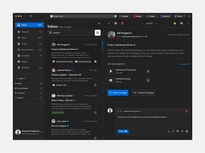 Gmail - Inbox, starred, deleted | Redesign app dark mode dashboard design figma gmail interface ios kit minimalism redesign ui uiux ux web app