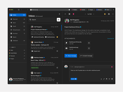 Gmail - Inbox, starred, deleted | Redesign app dark mode dashboard design figma gmail interface ios kit minimalism redesign ui uiux ux web app