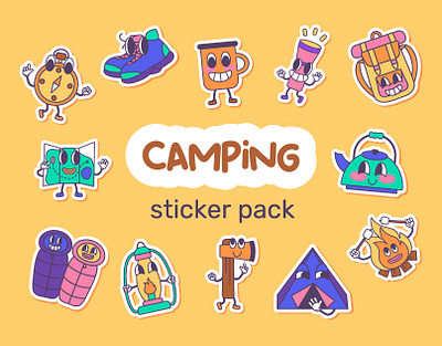 Camping sticker pack camp camping cartoon design digital art graphic design illustration retro stickers travel vector y2k