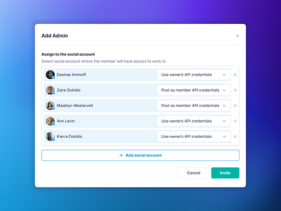 Add member modal accounts admin app assign buffer client creditials designer editor managign modal platform product design smm social account social media social media managing team member ui workspace