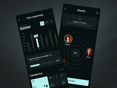 Fintech service: mobile app concept analytics application banking dark theme expenses finance financial money product design transfer ui