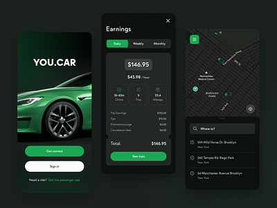 Ride-hailing platform app app application car dark dark mode green map ui ux