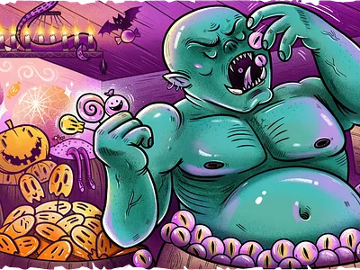 Ogre in the candy store dot graphic design halloween illustration