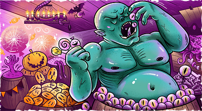 Ogre in the candy store dot graphic design halloween illustration