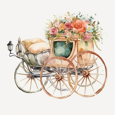 cute Vintage carriage with flower Colorfull watercolor clip art flower color