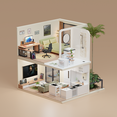 Fusion of rooms 3d apartment blender illustration isometric kitchen livinng room render room