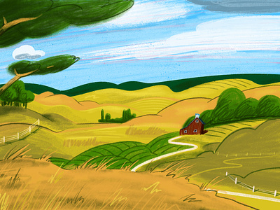Little barn in the prairie background design barn blue cloud countryside crops environment design farm fence field forest green illustration mountain prairie road sky trees yellow