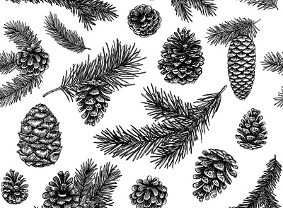 Pinecones pattern artwork black white black and white firfree graphic illustration linocut pattern pattern design pinecone vintage