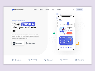 Landing page design app design figma fitness health hero design landing page time tracker tracker training ui ui design uiux uxui walk web design website website ui design workout