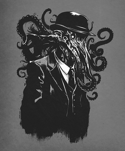 Dapper Cthulhu cosmic horror dark art digital illustration heavy inks hp lovecraft messy inks photoshop procreate surreal illustration