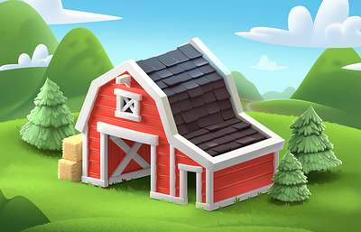 Red Barn 2d 3d farm fields game illustration