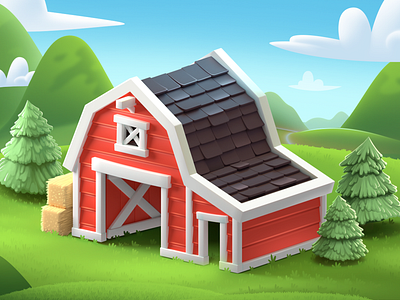 Red Barn 2d 3d farm fields game illustration