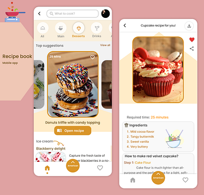 Recipe app "The recipe book" app communication tool design figma foodapp hifi recipeapp ui userinterface uxdesigner uxui