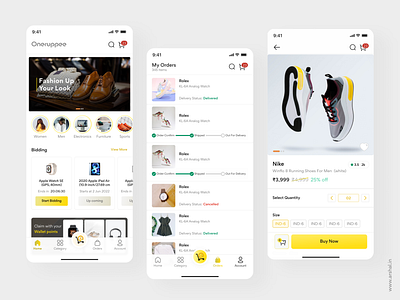 Onerupee E-commerce Mobile UI adobe branding design ecommerce illustration illustrator logo mobile mobileui screens ui ui design uidesign website yellow