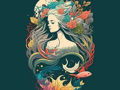 Siren Song colorful coral creature illustration minimal myth mythical siren tales vintage water woman