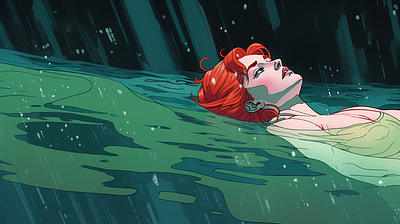 A Young Woman with Red Hair Floating in A Pool II art print illustration