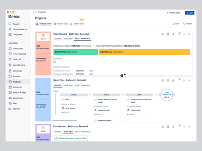 Projects → Timeline View app complex due edit assign filter invoice projects saas task task card timeline web