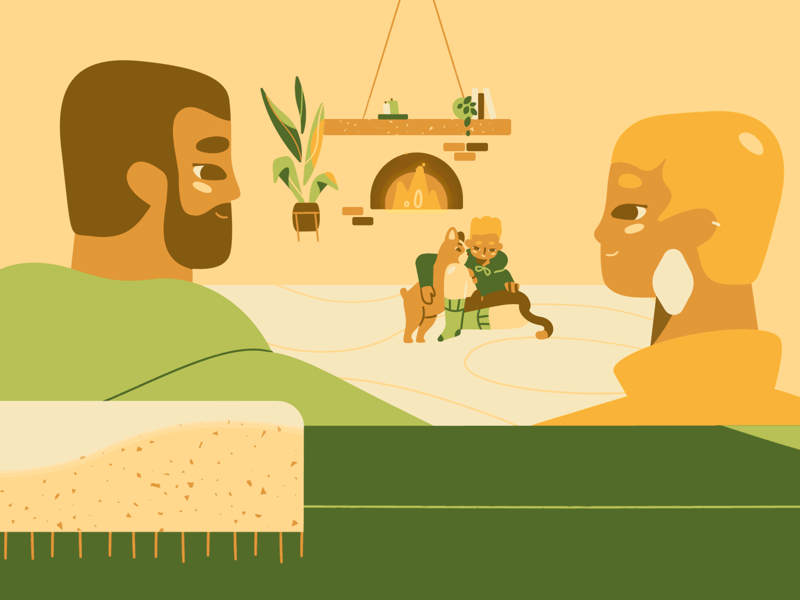 Fireplace nights! 2d animation animation blanke cat character animation character design couple cozy dog explainer video fire fireplace home illustration kid living room pets sofa texture warm