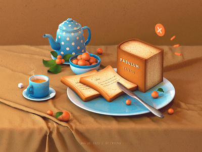 Pabulum 03 3d blue book branding bread brown c4d cloth cup design graphic illustration knife orange plate sugar tea teapot yellow