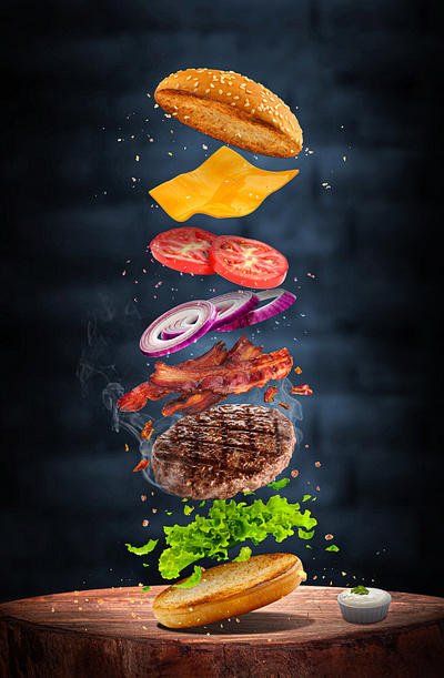 Floating burger. 3d 3d illustration ad advertising banner colorful composition creative design floating food graphic design illustration manipulation mockup photo editing photo manipulation sandwich steak template