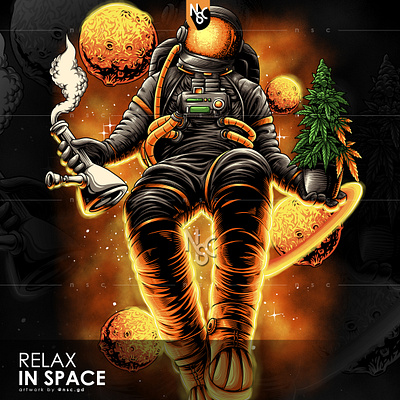 Relax In Space apparel astro smoker astronaut cannabis clones clothing clothingbrand commission commmissionopen galaxy marijuana monster moon nasa nft nftart nftartist planet smoker space