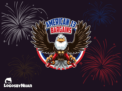 AMERICAN 13 BARGAINS american bald eagle bargains cartoon cartoon character cartoon logo cartoon mascot character design design eagle firecracker illustration logo logo design mascot mascot desgin mascot logo vector art vector logo vector mascot