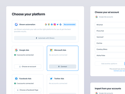 Shown AI • Create a new ad campaign modals account buttons campaigns components data design system icons integration settings integrations list minimal modals onboarding pagination popover popup product design saas settings steps
