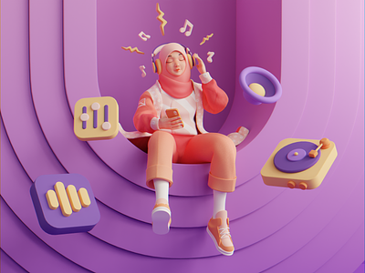 RHYME - 3D Music And Character Exploration 3d 3d character 3d render blender character character inspiration cute female character hijab hijab character illustration jacket character music music illustration pink purple ramadhan rendering stylish trendy