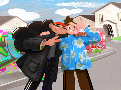 Gang of two! character design clouds daisy digital drawing gang girls graffiti houses illustration love neighbourhood oldschool road sky spray street suburbs tag trees wall