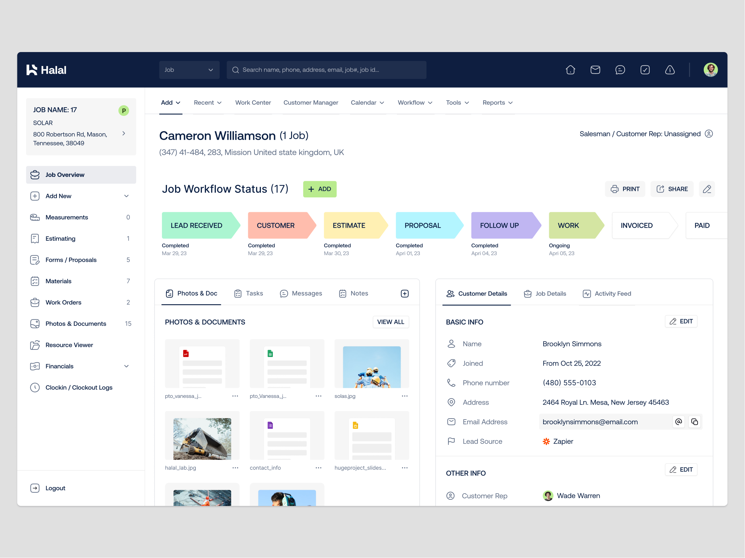 Job Overview - SaaS Web App construction management contractor contractor software customer management customers dashboard job overview lead management lead pipeline pipeline projects saas saas product uiux webapp
