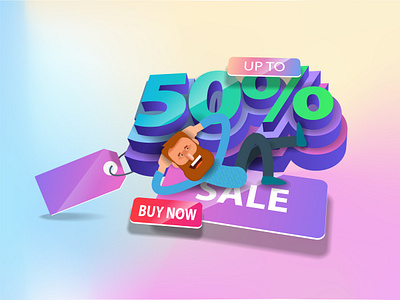 Cartoon man lies on huge volume figures 50 percent discount illustration