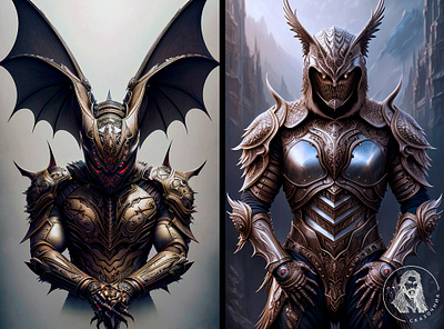 Hybrid of a bat and a man in iron armor ai ai art ai artwork armor bat character character design design fantastic fantasy hybrid hybrid of a bat illustrations iron armor man photoshop stable diffusion
