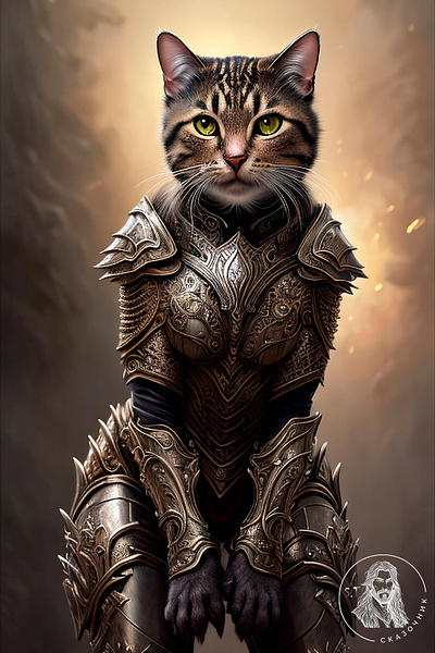 Hybrid of a shy cat and a man in heavy armor ai ai art ai artwork armor cat character character design design fantastic fantasy hybrid hybrid cat of a man illustration iron armor man photoshop shy stable diffusion