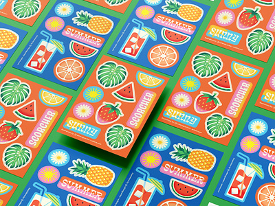 Summer Sticker Sheets colorful food fruits illustration lemon orange pineapple stickers strawberry summer texture tropical vector watermelon