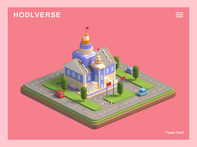Hodlverse - Town Hall 3d 3d animation app branding city game homepage house icon illustration isometric landing page lowpoly motion graphics render texture unity vector web design