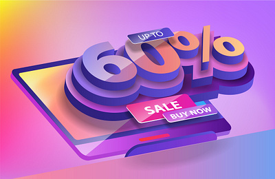 A banner for a 60 percent discount on the office computer screen illustration