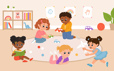 Playroom cartoon character children childrensbook concept cute flat illustration kids kindergarden kindergarten playroom vector