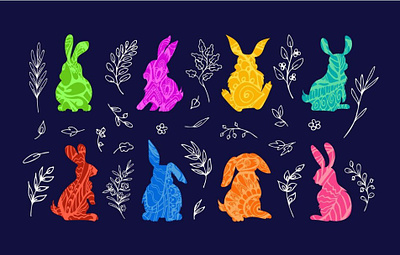 Cute Easter bunnies, tangle / henna tattoo and cartoon styles black and white childrens illustration colorful cute design easter easter bunny floral funny graphic design hand drawn henna tattoo illustration mehndi outline rabbits sketch tangle vector vivid